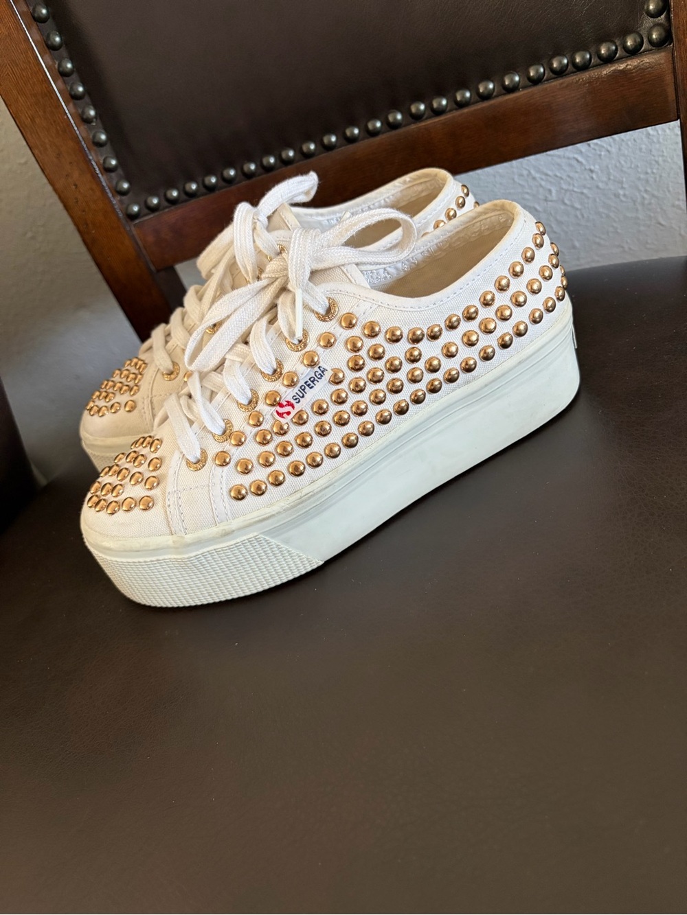 Superga Ivory Platform Sneakers with Gold Studs